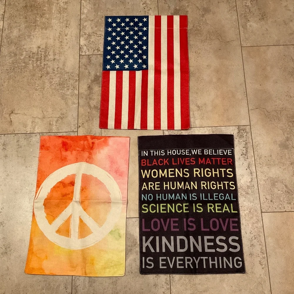 Lot of 3 Hanging Banner Flags Peace Sign American Flag Kindness Equal Rights